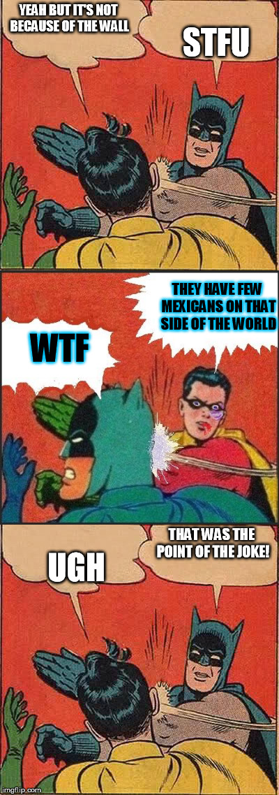 YEAH BUT IT'S NOT BECAUSE OF THE WALL STFU UGH THAT WAS THE POINT OF THE JOKE! THEY HAVE FEW MEXICANS ON THAT SIDE OF THE WORLD WTF | made w/ Imgflip meme maker