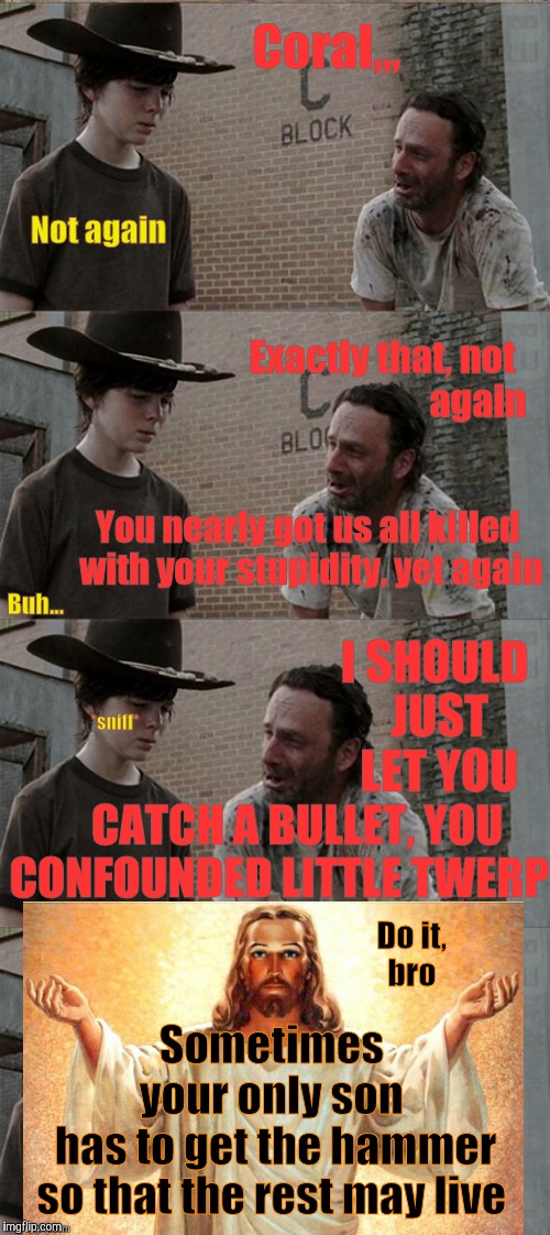 Rick and Carl Long Meme | Coral,,, Not again; Exactly that, not                             again; You nearly got us all killed with your stupidity, yet again; Buh... I SHOULD JUST LET YOU; *sniff*; CATCH A BULLET, YOU CONFOUNDED LITTLE TWERP; Do it,  bro; Sometimes         your only son      has to get the hammer so that the rest may live | image tagged in memes,rick and carl long | made w/ Imgflip meme maker