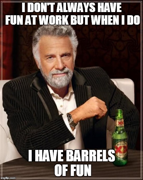 The Most Interesting Man In The World Meme | I DON'T ALWAYS HAVE FUN AT WORK BUT WHEN I DO I HAVE BARRELS OF FUN | image tagged in memes,the most interesting man in the world | made w/ Imgflip meme maker