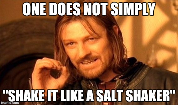One Does Not Simply Meme | ONE DOES NOT SIMPLY; "SHAKE IT LIKE A SALT SHAKER" | image tagged in memes,one does not simply | made w/ Imgflip meme maker