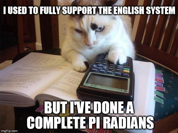 Math cat | I USED TO FULLY SUPPORT THE ENGLISH SYSTEM; BUT I'VE DONE A COMPLETE PI RADIANS | image tagged in math cat,physics,funny,cats | made w/ Imgflip meme maker