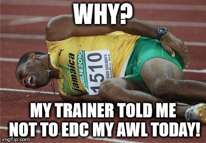 hurt athlete | WHY? MY TRAINER TOLD ME NOT TO EDC MY AWL TODAY! | image tagged in hurt athlete | made w/ Imgflip meme maker