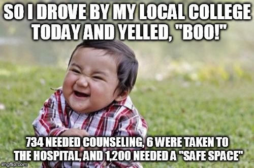 Toddler Trolls  Pussy Millenials | SO I DROVE BY MY LOCAL COLLEGE TODAY AND YELLED, "BOO!"; 734 NEEDED COUNSELING, 6 WERE TAKEN TO THE HOSPITAL, AND 1,200 NEEDED A "SAFE SPACE" | image tagged in memes,evil toddler,stupid millenials | made w/ Imgflip meme maker