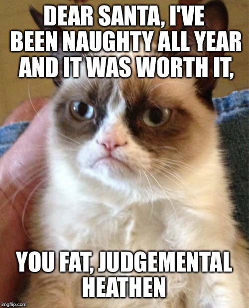I hope I don't ruin Santa for any of our young memers | DEAR SANTA, I'VE BEEN NAUGHTY ALL YEAR AND IT WAS WORTH IT, YOU FAT, JUDGEMENTAL HEATHEN | image tagged in memes,grumpy cat | made w/ Imgflip meme maker