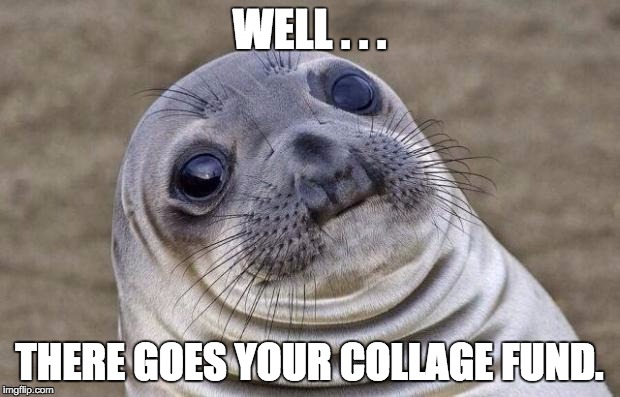 Awkward Moment Sealion | WELL . . . THERE GOES YOUR COLLAGE FUND. | image tagged in memes,awkward moment sealion | made w/ Imgflip meme maker