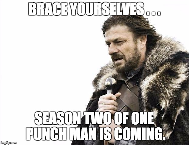 Brace Yourselves X is Coming | BRACE YOURSELVES . . . SEASON TWO OF ONE PUNCH MAN IS COMING. | image tagged in memes,brace yourselves x is coming | made w/ Imgflip meme maker