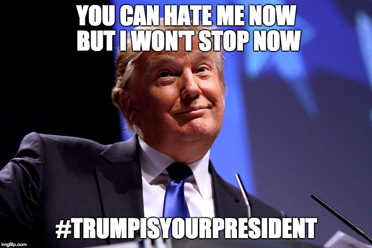 Donald Trump | YOU CAN HATE ME NOW BUT I WON'T STOP NOW; #TRUMPISYOURPRESIDENT | image tagged in donald trump | made w/ Imgflip meme maker
