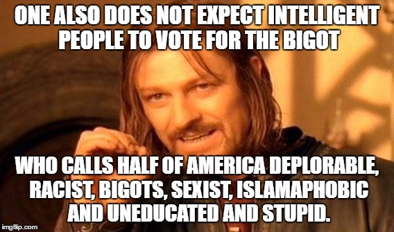One Does Not Simply Meme | ONE ALSO DOES NOT EXPECT INTELLIGENT PEOPLE TO VOTE FOR THE BIGOT WHO CALLS HALF OF AMERICA DEPLORABLE, RACIST, BIGOTS, SEXIST, ISLAMAPHOBIC | image tagged in memes,one does not simply | made w/ Imgflip meme maker