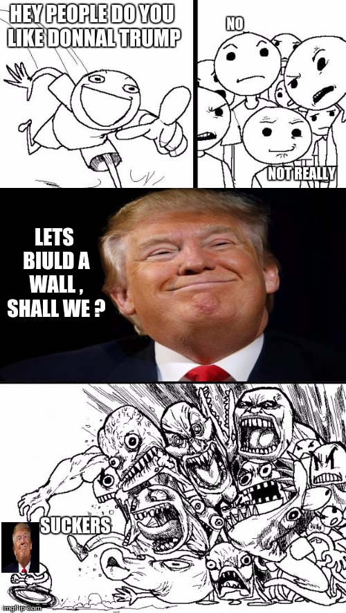 Hey Internet | HEY PEOPLE DO YOU LIKE DONNAL TRUMP; NO; NOT REALLY; LETS BIULD A WALL , SHALL WE ? SUCKERS | image tagged in memes,hey internet | made w/ Imgflip meme maker