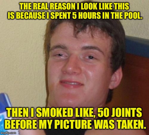 Seriously, that dude is melting yo. | THE REAL REASON I LOOK LIKE THIS IS BECAUSE I SPENT 5 HOURS IN THE POOL. THEN I SMOKED LIKE, 50 JOINTS BEFORE MY PICTURE WAS TAKEN. | image tagged in memes,10 guy,weed,dank memes,funny memes | made w/ Imgflip meme maker