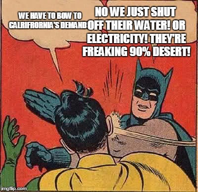 Batman Slapping Robin Meme | WE HAVE TO BOW TO CALRIFRORNIA'S DEMANDS! NO WE JUST SHUT OFF THEIR WATER! OR ELECTRICITY! THEY'RE FREAKING 90% DESERT! | image tagged in memes,batman slapping robin | made w/ Imgflip meme maker