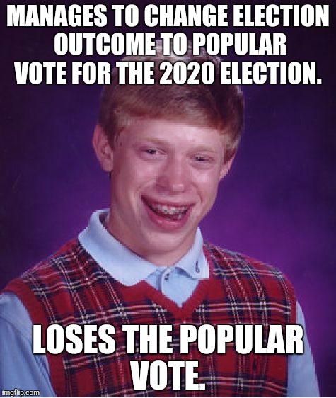 Bad Luck Brian Meme | MANAGES TO CHANGE ELECTION OUTCOME TO POPULAR VOTE FOR THE 2020 ELECTION. LOSES THE POPULAR VOTE. | image tagged in memes,bad luck brian | made w/ Imgflip meme maker