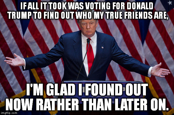 Donald Trump | IF ALL IT TOOK WAS VOTING FOR DONALD TRUMP TO FIND OUT WHO MY TRUE FRIENDS ARE, I'M GLAD I FOUND OUT NOW RATHER THAN LATER ON. | image tagged in donald trump | made w/ Imgflip meme maker