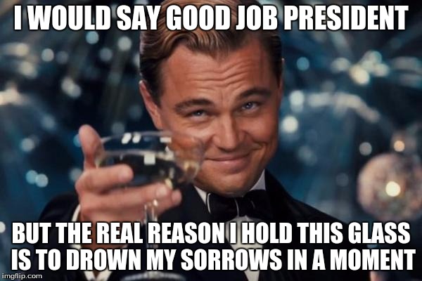 Leonardo Dicaprio Cheers Meme | I WOULD SAY GOOD JOB PRESIDENT; BUT THE REAL REASON I HOLD THIS GLASS IS TO DROWN MY SORROWS IN A MOMENT | image tagged in memes,leonardo dicaprio cheers | made w/ Imgflip meme maker