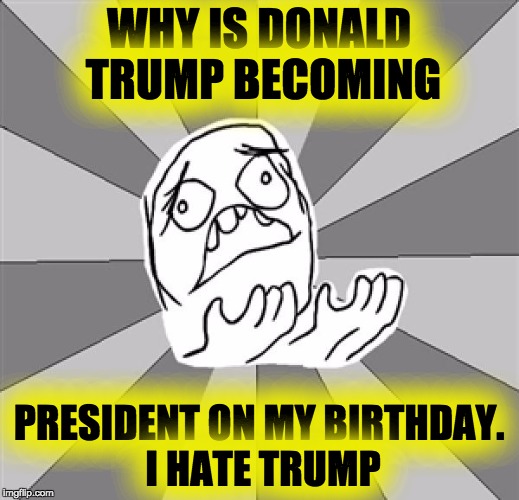 WHYYY |  WHY IS DONALD TRUMP BECOMING; PRESIDENT ON MY BIRTHDAY. I HATE TRUMP | image tagged in whyyy | made w/ Imgflip meme maker