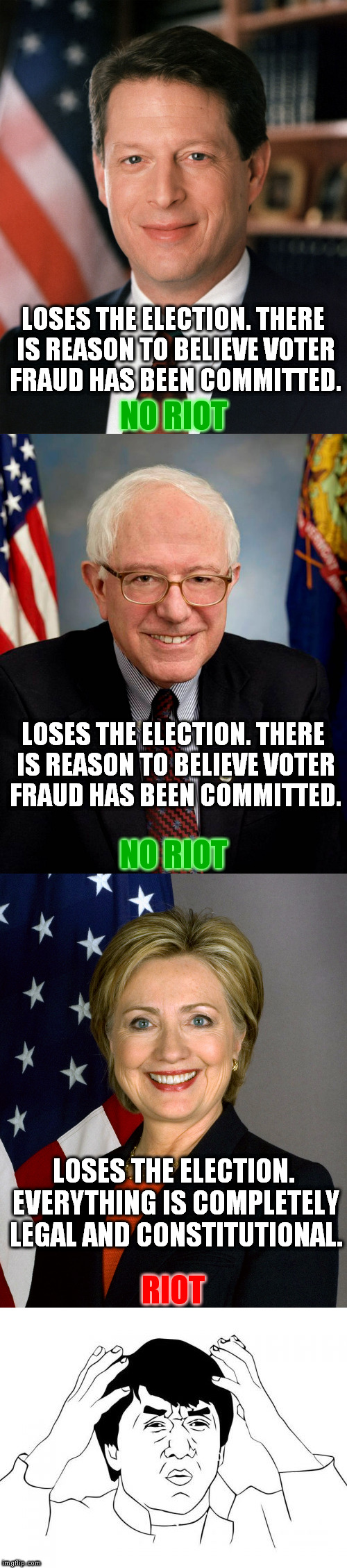 LOSES THE ELECTION. THERE IS REASON TO BELIEVE VOTER FRAUD HAS BEEN COMMITTED. NO RIOT; LOSES THE ELECTION. THERE IS REASON TO BELIEVE VOTER FRAUD HAS BEEN COMMITTED. NO RIOT; LOSES THE ELECTION. EVERYTHING IS COMPLETELY LEGAL AND CONSTITUTIONAL. RIOT | image tagged in memes,al gore 2000,bernie sanders 2016,hillary clinton 2016,election 2016 aftermath,riot | made w/ Imgflip meme maker