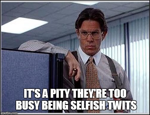 IT'S A PITY THEY'RE TOO BUSY BEING SELFISH TWITS | made w/ Imgflip meme maker