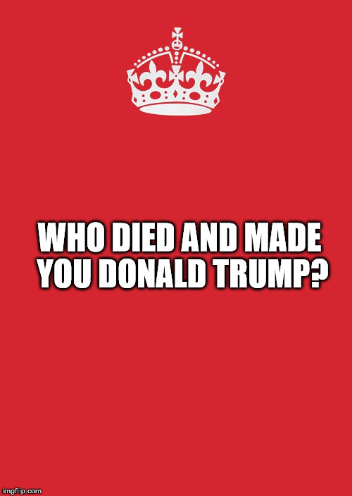 Keep Calm And Carry On Red | WHO DIED AND MADE YOU DONALD TRUMP? | image tagged in memes,keep calm and carry on red | made w/ Imgflip meme maker