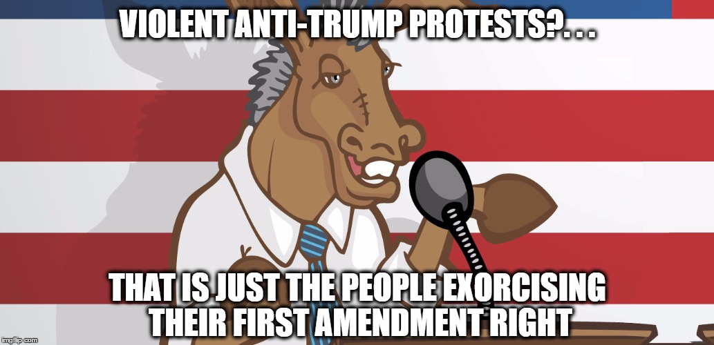 dnc | VIOLENT ANTI-TRUMP PROTESTS?. . . THAT IS JUST THE PEOPLE EXORCISING THEIR FIRST AMENDMENT RIGHT | image tagged in dnc | made w/ Imgflip meme maker