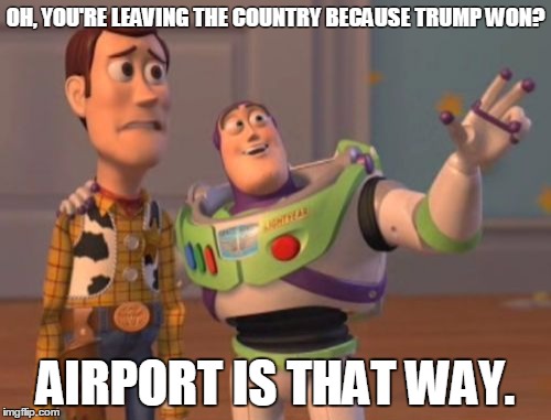 X, X Everywhere Meme | OH, YOU'RE LEAVING THE COUNTRY BECAUSE TRUMP WON? AIRPORT IS THAT WAY. | image tagged in memes,x x everywhere | made w/ Imgflip meme maker