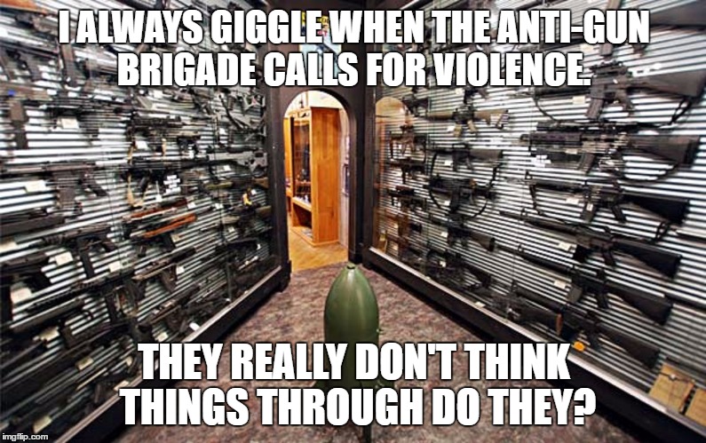 Hey Liberal, Smith & Wesson want to talk to you. | I ALWAYS GIGGLE WHEN THE ANTI-GUN BRIGADE CALLS FOR VIOLENCE. THEY REALLY DON'T THINK THINGS THROUGH DO THEY? | image tagged in brain dead liberals | made w/ Imgflip meme maker