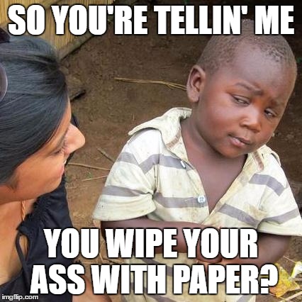 Third World Skeptical Kid Meme | SO YOU'RE TELLIN' ME YOU WIPE YOUR ASS WITH PAPER? | image tagged in memes,third world skeptical kid | made w/ Imgflip meme maker