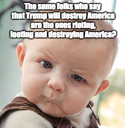 Skeptical Baby Meme | The same folks who say that Trump will destroy America are the ones rioting, looting and destroying America? | image tagged in memes,skeptical baby | made w/ Imgflip meme maker