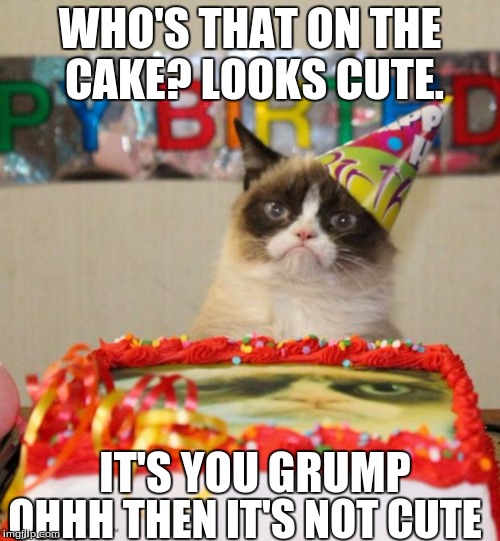 Grumpy Cat Cake | WHO'S THAT ON THE CAKE?
LOOKS CUTE. IT'S YOU GRUMP; OHHH THEN IT'S NOT CUTE | image tagged in grumpy cat cake | made w/ Imgflip meme maker