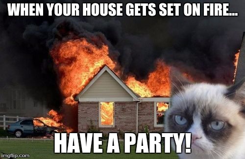 Burn Kitty | WHEN YOUR HOUSE GETS SET ON FIRE... HAVE A PARTY! | image tagged in memes,burn kitty,grumpy cat | made w/ Imgflip meme maker