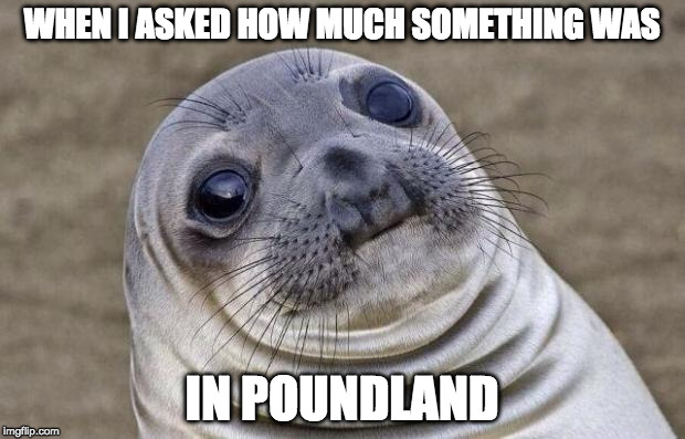 Awkward Moment Sealion | WHEN I ASKED HOW MUCH SOMETHING WAS; IN POUNDLAND | image tagged in memes,awkward moment sealion | made w/ Imgflip meme maker