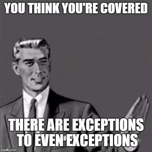 There are Exceptions to Even Exceptions | YOU THINK YOU'RE COVERED; THERE ARE EXCEPTIONS TO EVEN EXCEPTIONS | image tagged in correction guy | made w/ Imgflip meme maker