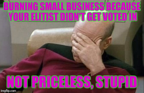Good Grief | BURNING SMALL BUSINESS BECAUSE YOUR ELITIST DIDN'T GET VOTED IN; NOT PRICELESS, STUPID | image tagged in memes,captain picard facepalm | made w/ Imgflip meme maker