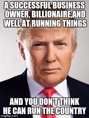 Seriously he was elected for a reason  | A SUCCESSFUL BUSINESS OWNER, BILLIONAIRE,AND WELL AT RUNNING THINGS; AND YOU DON'T THINK HE CAN RUN THE COUNTRY | image tagged in donald trump | made w/ Imgflip meme maker