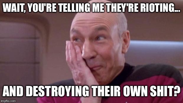 picard oops | WAIT, YOU'RE TELLING ME THEY'RE RIOTING... AND DESTROYING THEIR OWN SHIT? | image tagged in picard oops | made w/ Imgflip meme maker