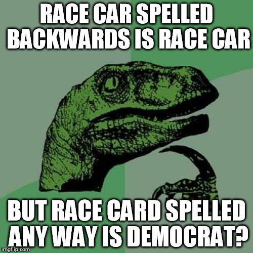 Musings of aliens... | RACE CAR SPELLED BACKWARDS IS RACE CAR; BUT RACE CARD SPELLED ANY WAY IS DEMOCRAT? | image tagged in memes,philosoraptor,race car,race card,politics,democrats | made w/ Imgflip meme maker