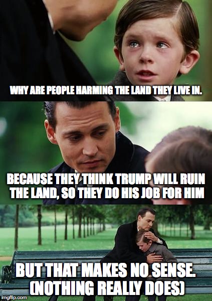 Finding Neverland | WHY ARE PEOPLE HARMING THE LAND THEY LIVE IN. BECAUSE THEY THINK TRUMP WILL RUIN THE LAND, SO THEY DO HIS JOB FOR HIM; BUT THAT MAKES NO SENSE. (NOTHING REALLY DOES) | image tagged in memes,finding neverland | made w/ Imgflip meme maker