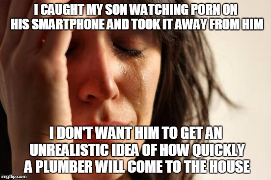 I mean, the 'service' is bad enough already... | I CAUGHT MY SON WATCHING PORN ON HIS SMARTPHONE AND TOOK IT AWAY FROM HIM; I DON'T WANT HIM TO GET AN UNREALISTIC IDEA OF HOW QUICKLY A PLUMBER WILL COME TO THE HOUSE | image tagged in memes,first world problems | made w/ Imgflip meme maker