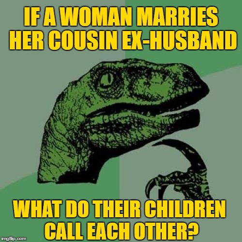 Philosoraptor Meme | IF A WOMAN MARRIES HER COUSIN EX-HUSBAND; WHAT DO THEIR CHILDREN CALL EACH OTHER? | image tagged in memes,philosoraptor | made w/ Imgflip meme maker