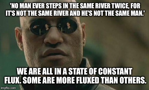 Matrix Morpheus Meme | 'NO MAN EVER STEPS IN THE SAME RIVER TWICE, FOR IT'S NOT THE SAME RIVER AND HE'S NOT THE SAME MAN.' WE ARE ALL IN A STATE OF CONSTANT FLUX.  | image tagged in memes,matrix morpheus | made w/ Imgflip meme maker