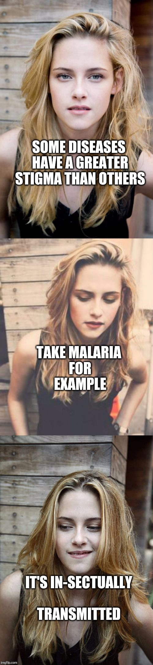 Bad pun Kristen Stewart 2 | SOME DISEASES HAVE A GREATER STIGMA THAN OTHERS; TAKE MALARIA FOR EXAMPLE; IT'S IN-SECTUALLY TRANSMITTED | image tagged in bad pun kristen stewart 2,bad pun | made w/ Imgflip meme maker