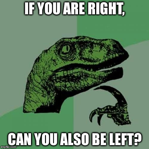 Philosoraptor | IF YOU ARE RIGHT, CAN YOU ALSO BE LEFT? | image tagged in memes,philosoraptor | made w/ Imgflip meme maker