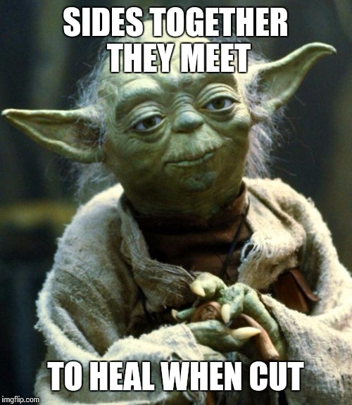 Star Wars Yoda Meme | SIDES TOGETHER THEY MEET; TO HEAL WHEN CUT | image tagged in memes,star wars yoda | made w/ Imgflip meme maker