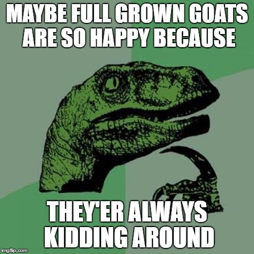 Philosoraptor Meme | MAYBE FULL GROWN GOATS ARE SO HAPPY BECAUSE; THEY'ER ALWAYS KIDDING AROUND | image tagged in memes,philosoraptor | made w/ Imgflip meme maker