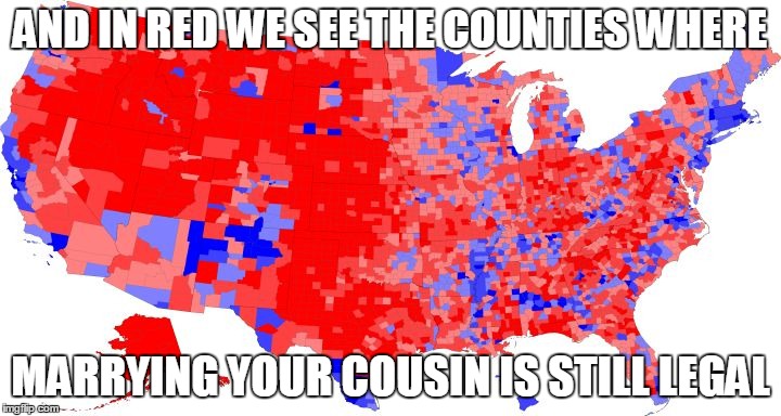 Election Results Explained | AND IN RED WE SEE THE COUNTIES WHERE; MARRYING YOUR COUSIN IS STILL LEGAL | image tagged in us electoral map - counties,trumpetters,trump supporters | made w/ Imgflip meme maker