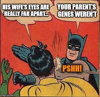 Batman Slapping Robin Meme | HIS WIFE'S EYES ARE REALLY FAR APART... YOUR PARENT'S GENES WEREN'T PSHH! | image tagged in memes,batman slapping robin | made w/ Imgflip meme maker