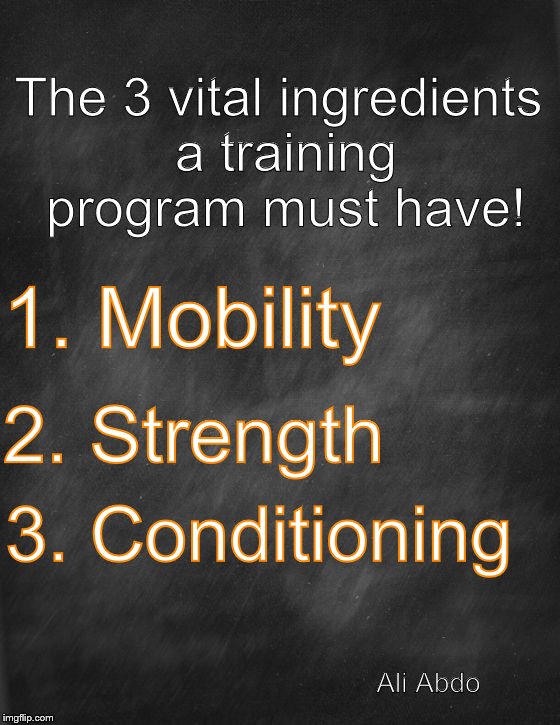 black blank | The 3 vital ingredients a training program must have! 1. Mobility; 2. Strength; 3. Conditioning; Ali Abdo | image tagged in black blank | made w/ Imgflip meme maker