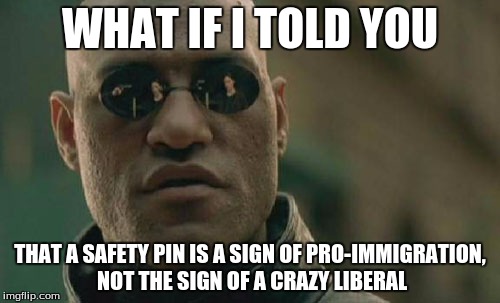 Liberal vs. Pro-immigrant | WHAT IF I TOLD YOU; THAT A SAFETY PIN IS A SIGN OF PRO-IMMIGRATION, NOT THE SIGN OF A CRAZY LIBERAL | image tagged in memes,matrix morpheus,safety pin,what if i told you | made w/ Imgflip meme maker