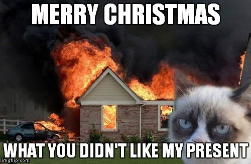 Burn Kitty | MERRY CHRISTMAS; WHAT YOU DIDN'T LIKE MY PRESENT | image tagged in memes,burn kitty,grumpy cat | made w/ Imgflip meme maker