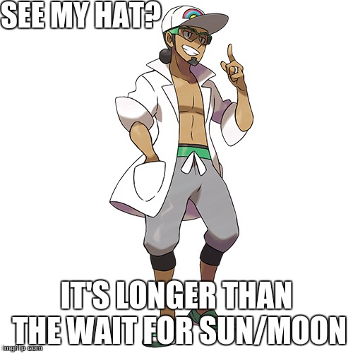 The wait is almost over! | SEE MY HAT? IT'S LONGER THAN THE WAIT FOR SUN/MOON | image tagged in pokemon,pokemon sun and moon,waiting | made w/ Imgflip meme maker