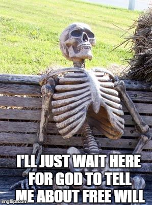 Waiting Skeleton Meme | I'LL JUST WAIT HERE FOR GOD TO TELL ME ABOUT FREE WILL | image tagged in memes,waiting skeleton | made w/ Imgflip meme maker